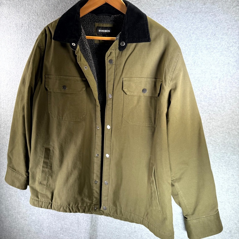 Bonobos Work Jacket Men's Large Olive Sherpa Fleece Lined Button Up Shacket‎ - Picture 3 of 9